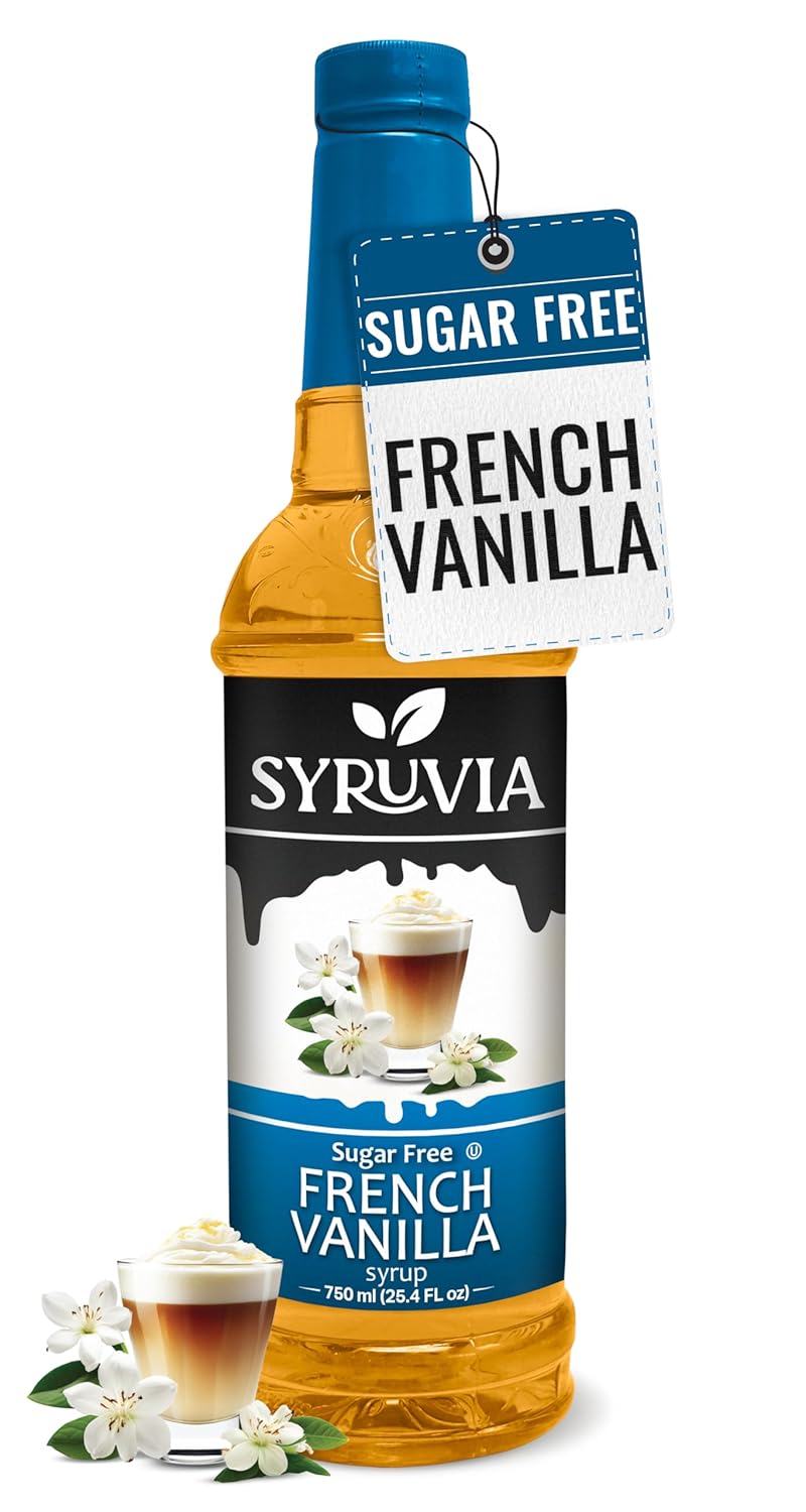Syruvia Sugar Free Coffee Syrup, French Vanilla Flavored Syrup for Drinks, Lattes, and Desserts – 25.4 fl oz