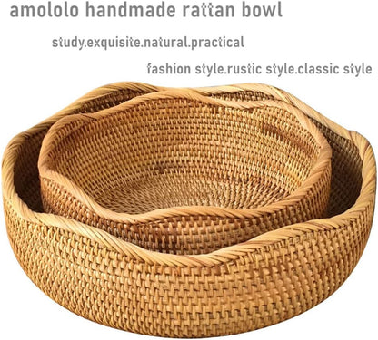 Handmade Rattan Round Fruit Basket Food Storage Bowls Kitchen Organizer Snack Serving Bowl 9 10 Inch Wavy Edge Circle Tray Basket with 3” Deep Wall, Boho Décor Display Tray Bowl (2-Size Kit)