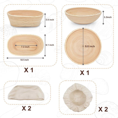 Banneton Bread Proofing Basket,9.8 Inch Round + 9.8 Inch Oval Sourdough Proofing Baskets with Liner,Dough Proofing Bowls,Made of Natural rattan,for Sourdough Bread Baking Supplies