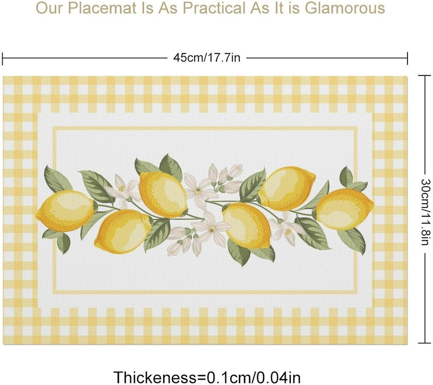 Yellow Lemon Placemats Set of 6, 12x18 Inch Summer Fruits Buffalo Plaid Floral Farmhouse Seasonal Spring Holiday Coffee Table Mats for Party Kitchen Dining Decoration