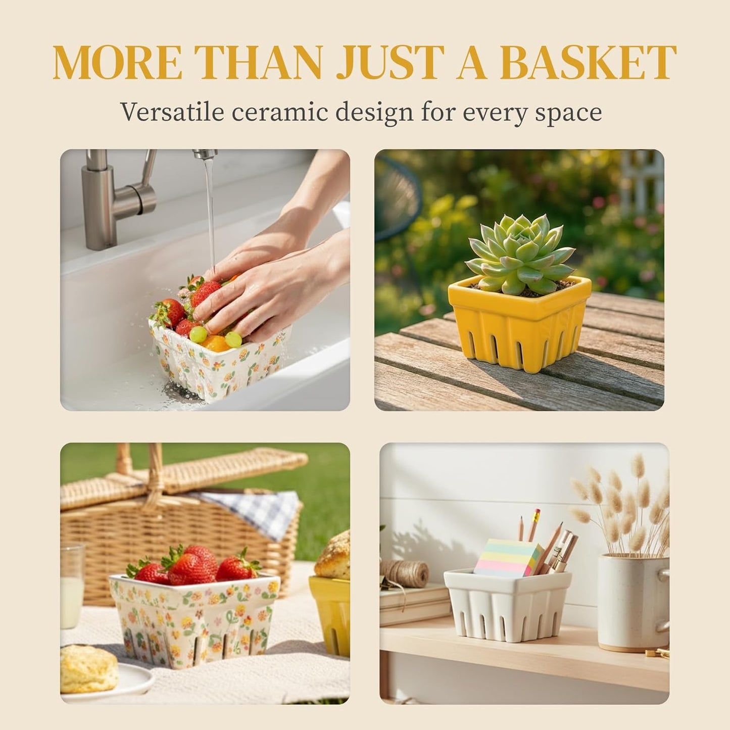 BIEN BEAU Ceramic Berry Basket, Farmhouse Colander, Farmers Market square Bowl. Rustic Kitchen decor fruit bowls, Fruit Baskets, Yellow, White and floral pattern Stoneware Harvest Bowls Set of 4