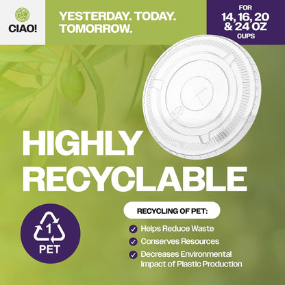 CIAO! PET Flat Lid with Straw Slot, Designed and Fit for 14OZ/16OZ/20OZ/24OZ PET Cold Drink Cups, 98mm (Case of 1,000)