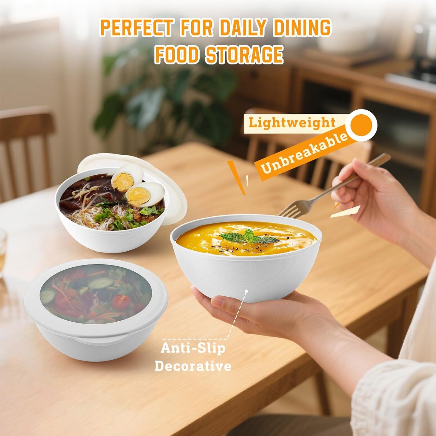 Homienly Wheat Straw Cereal Bowls with Lids, Unbreakable Plastic Bowls Set of 4, Microwave and Dishwasher Safe Food Storage Container for Lunch, Soup, Ramen, 40 OZ Bowls with Curved Texture, White