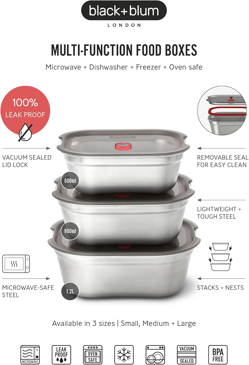 BLACK + BLUM Lunch Bowl Mixed Set - Reusable Meal Prep Containers for Picnic & Camping - Microwavable Stainless Steel Lunch Dinner Food Storage Box - Leak Proof Lid - Dishwasher Oven Safe - 20/30/40oz