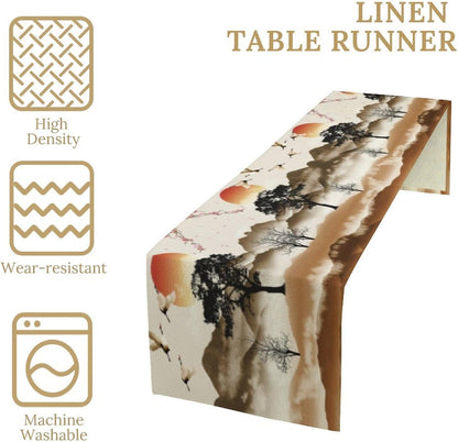 Asian Table Runner, Bamboo Ancient Chinese Paintings Table Cover Cloth for Kitchen Dining Bedroom Red Crowned Crane Landscape Ink Painting Sunset 13x90 Inch