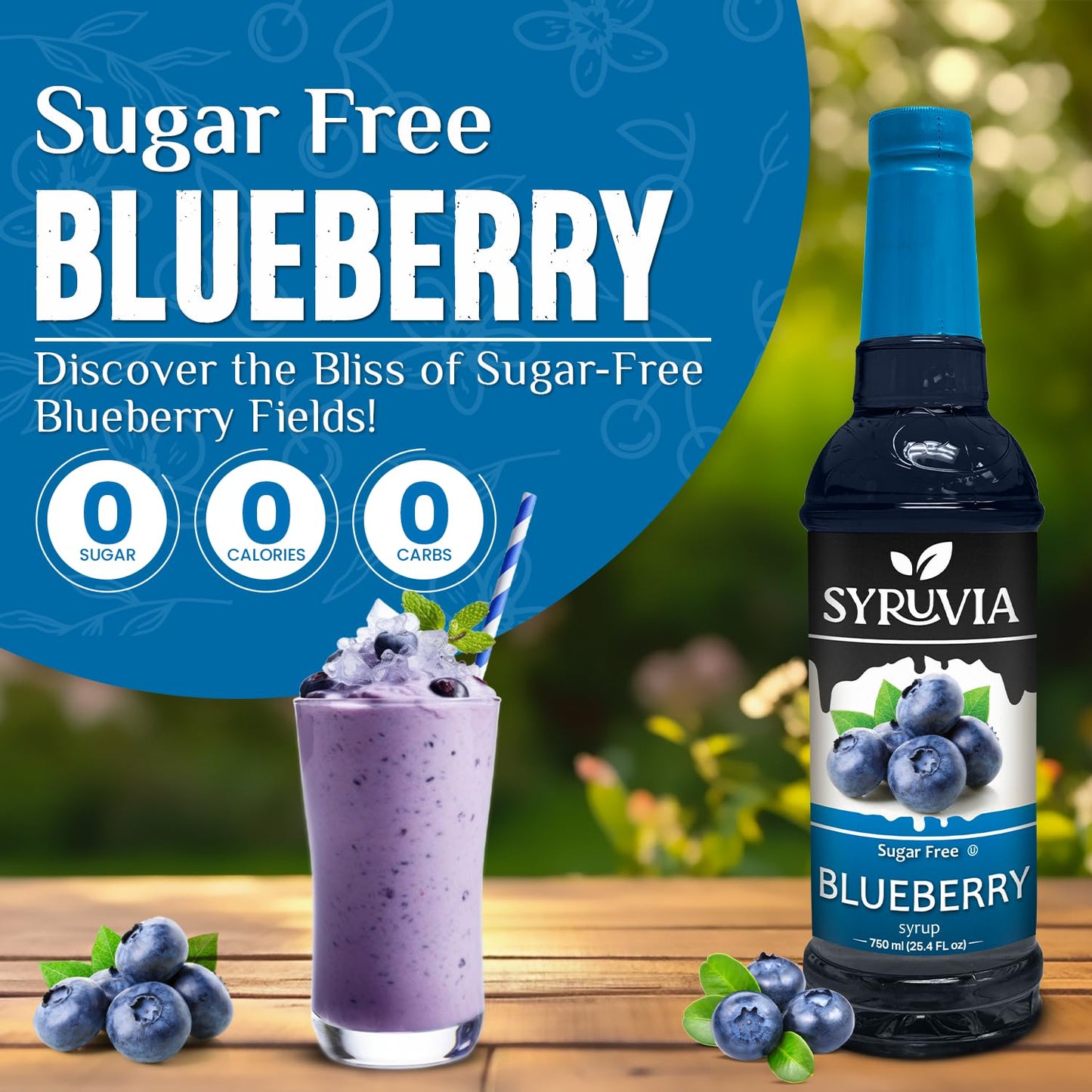 Syruvia Sugar-Free Blueberry Syrup, Flavored Syrup for Drinks, Cocktails, Lemonades, Iced Teas, and Desserts – 25.4 fl oz