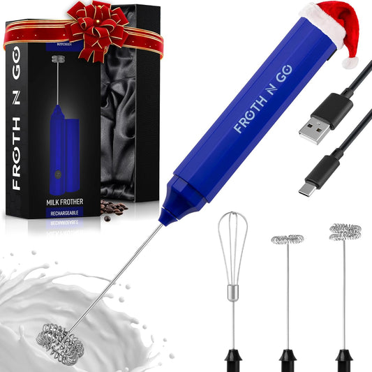 Zulay Froth N Go Milk Frother – Rechargeable 3-in-1 Handheld Frother Wand with Travel Case & USB-C Charger – Single, Double & Egg Whisk for Latte, Cappuccino, Matcha, Protein Shakes – Royal Blue