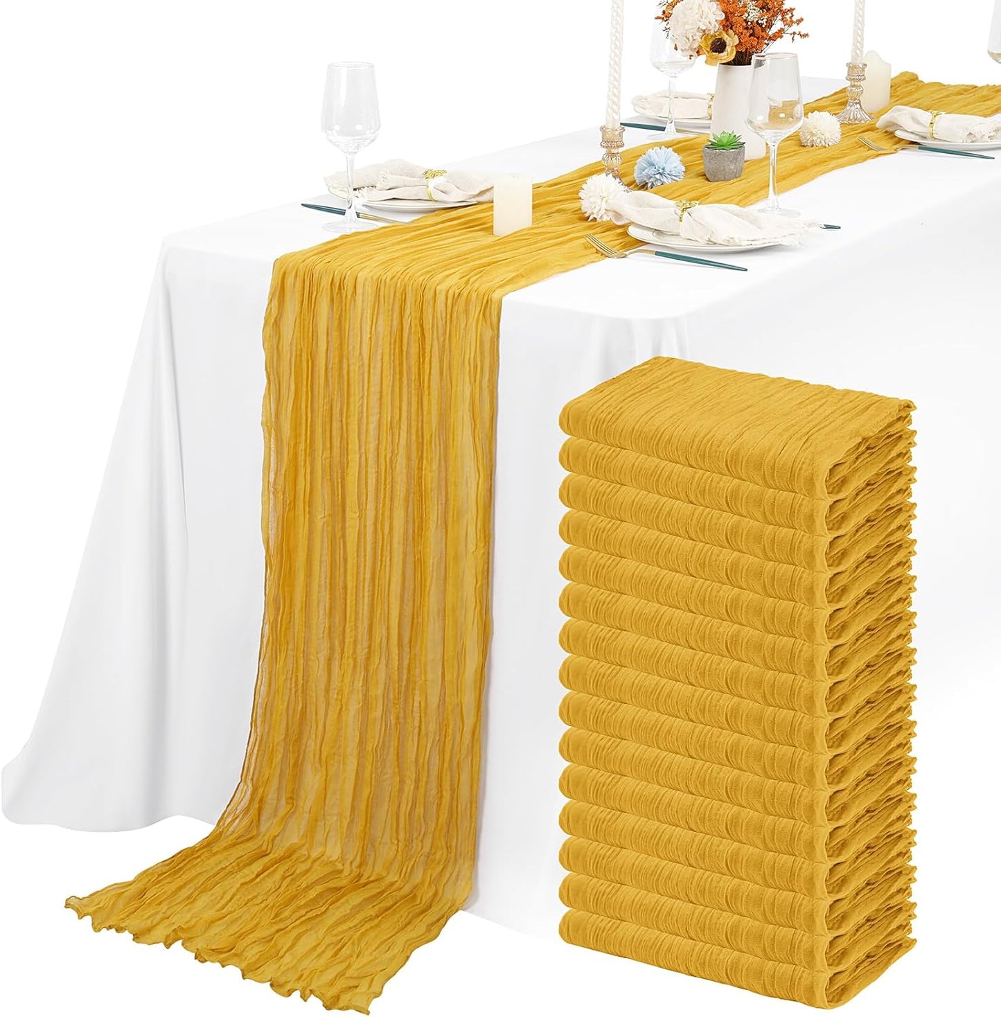 15 Packs Cheesecloth Table Runner Mustard Yellow,10 Ft Rustic Gauze Boho Wedding Table Runner Decoration,Wedding Table Decor Table Cloth for Wedding Party Bridal Shower Table,21.5x120in