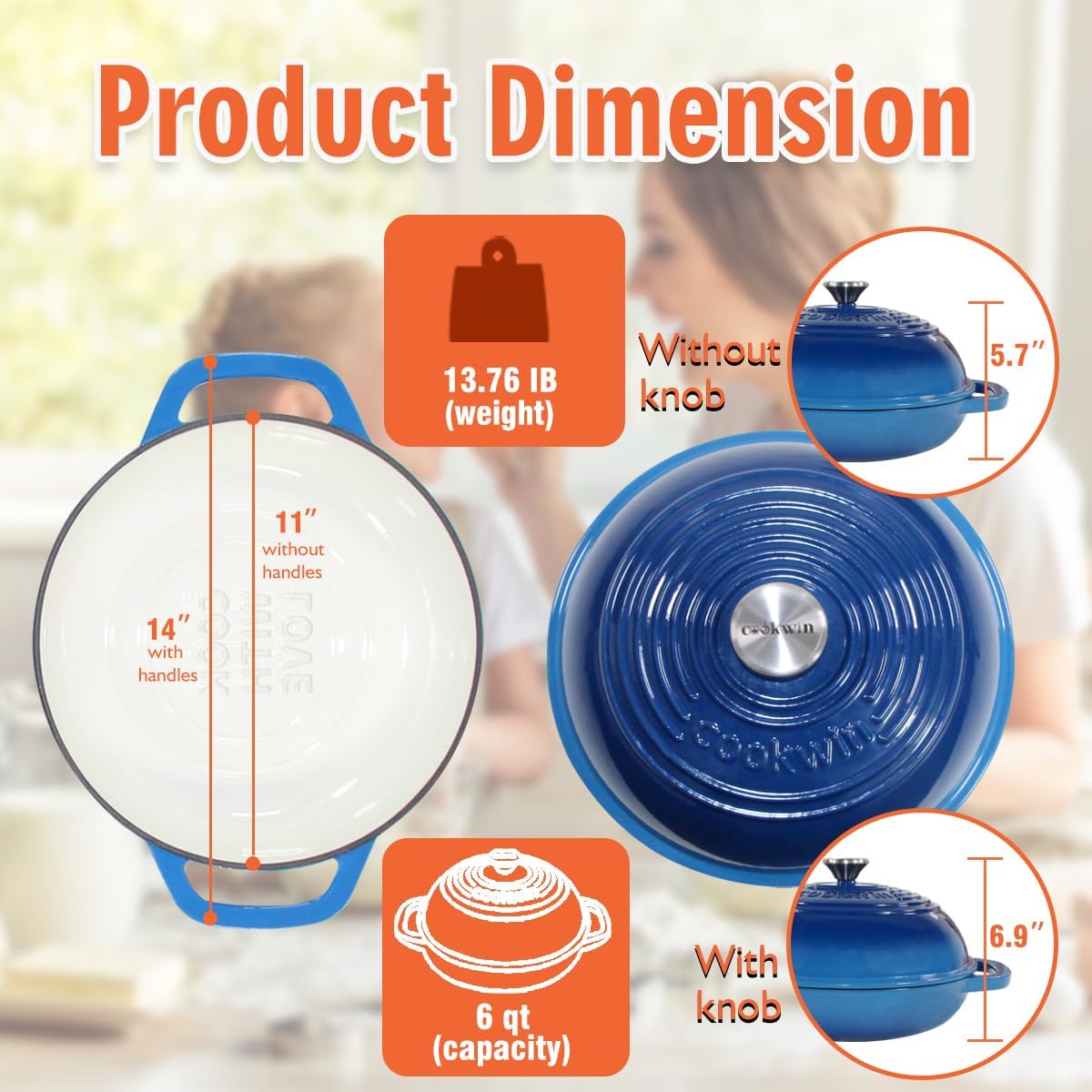 Enameled Cast Iron Dutch Oven with Lid, 11" Dutch Oven Bread Baking Kit, 6 Quart Blue Thick Enamel Bread Pan, Silicone Baking Mat - Family Gifts