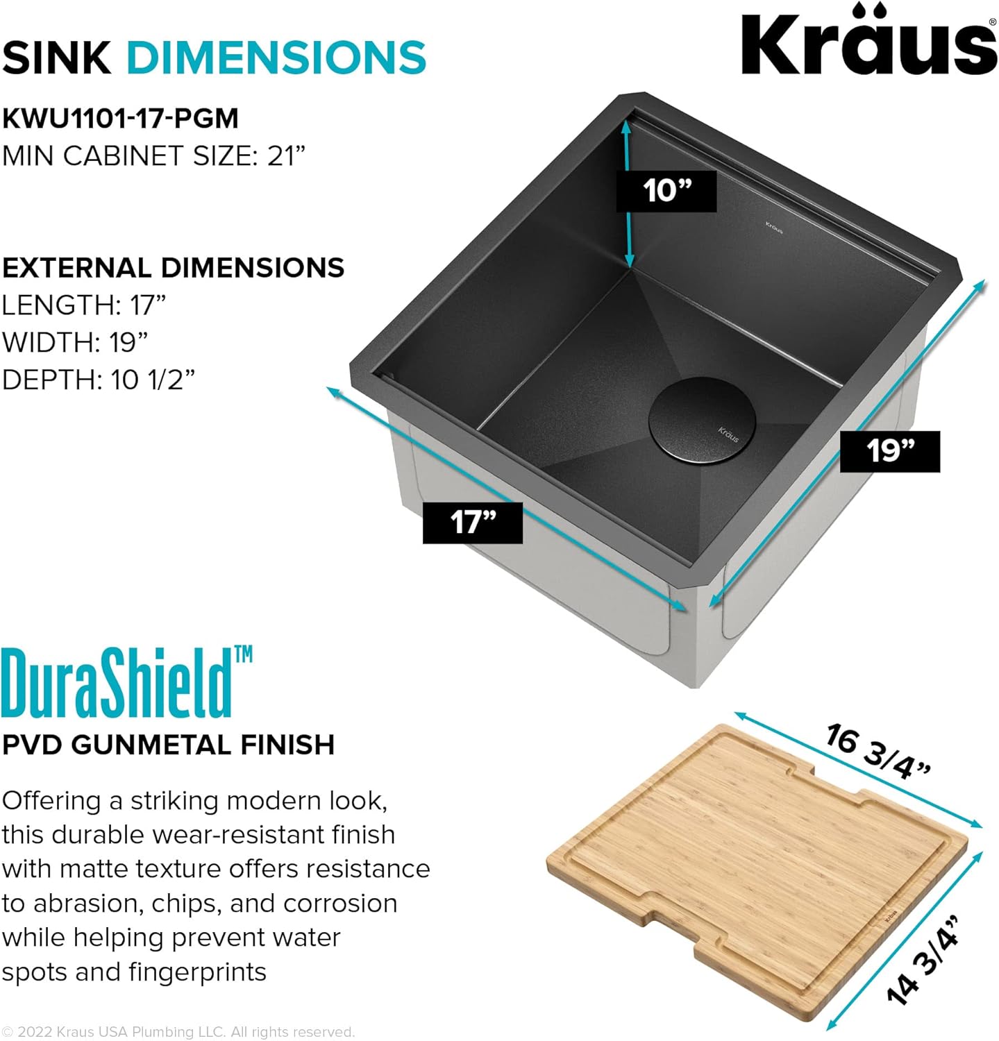 KRAUS Kore Workstation 17-inch Undermount 16 Gauge Black Stainless Kitchen Sink, Single Bowl Kitchen Sink in PVD Gunmetal Finish with Accessories, KWU1101-17-PGM