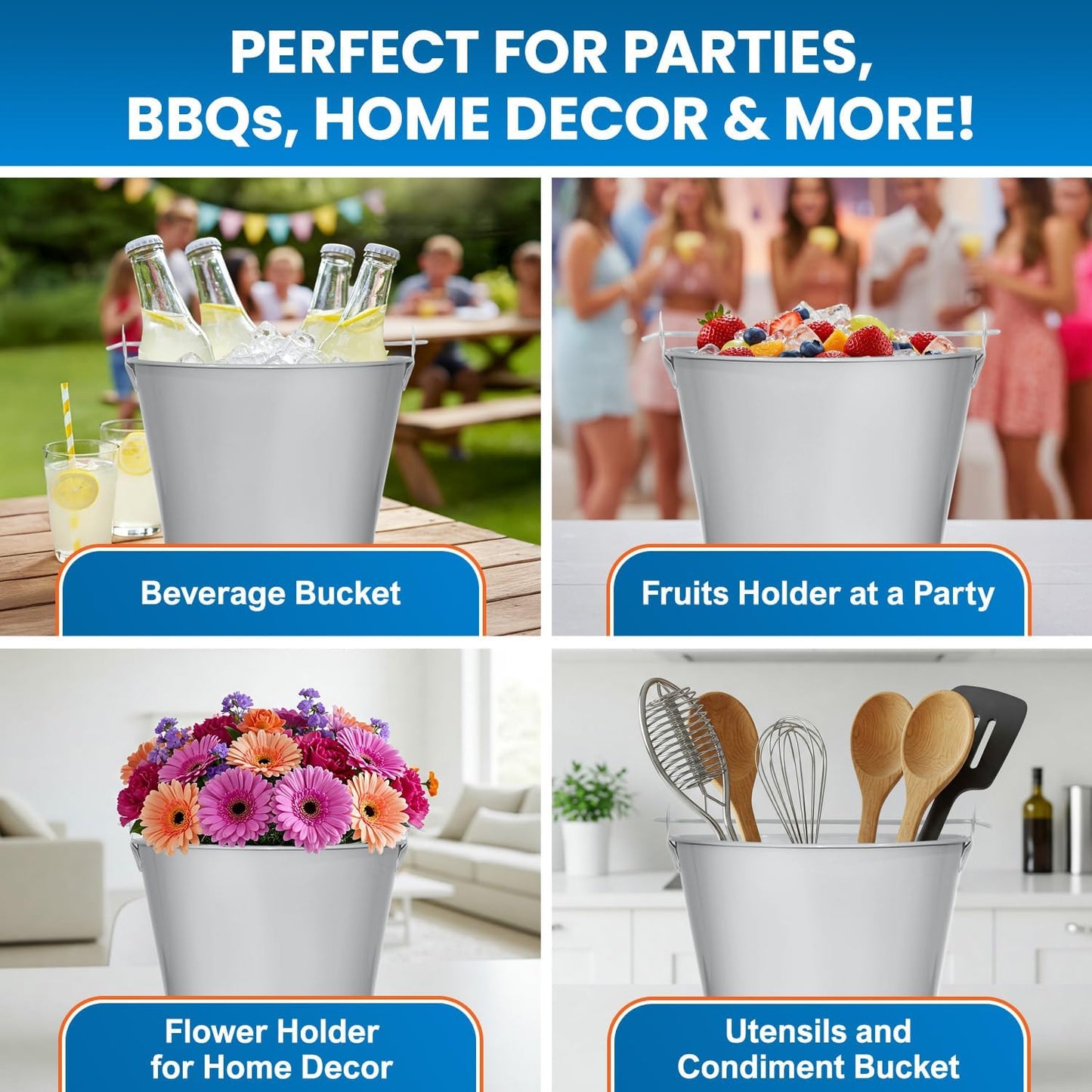 PLEXON Galvanized Metal Ice Bucket for Parties Coctail Bar Restaurant - Drink Beer Champagne Metal Pail Bucket with Handle, Beverage Chiller Cooler Small 1.3 Gallon, Off-White Set of 2