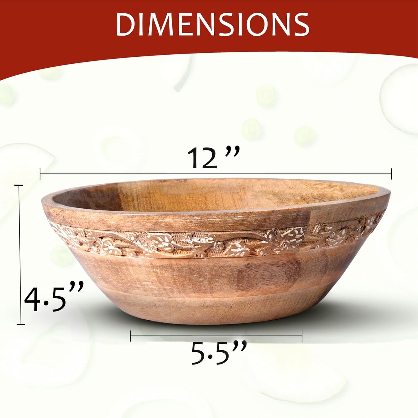 Mela Artisans Wooden Fruit Bowl – Whitewash Finish | Large 12” Mango Wood Serving Bowl with Felt Pads | Decorative bowl | Multipurpose Countertop Bowl for Breads | Salad | Fruit & More