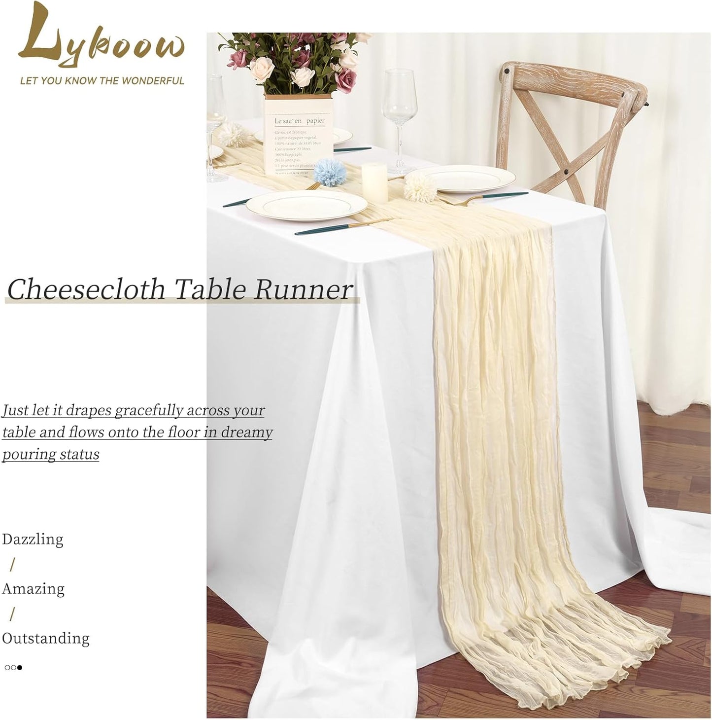 15 Packs Cheesecloth Table Runner Ivory,10 Ft Light Beige Rustic Gauze Boho Wedding Table Runner Decoration,Wedding Table Decor Table Cloth for Wedding Party Bridal Shower Table,21.5x120in