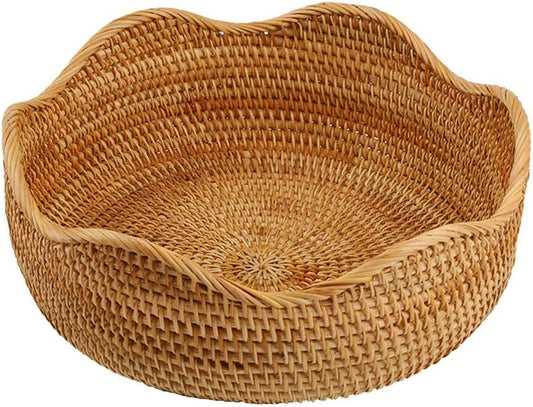 Handmade Rattan Round Fruit Basket Food Storage Bowls Kitchen Organizer Snack Serving Bowl, 11 Inch Boho Wicker Bread Bowl Woven Basket Décor for Nuts with 3”Side and Wavy Edge (Large 11")