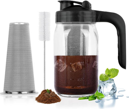 Cold Brew Coffee Maker Pitcher,32 Oz Glass Mason Jar Pitcher with V-shaped Pour Spout Handle Lid,Stainless Steel Filter for Iced Coffee,Iced tea,Breast Milk,Fruit Drinks,lemonade-Black