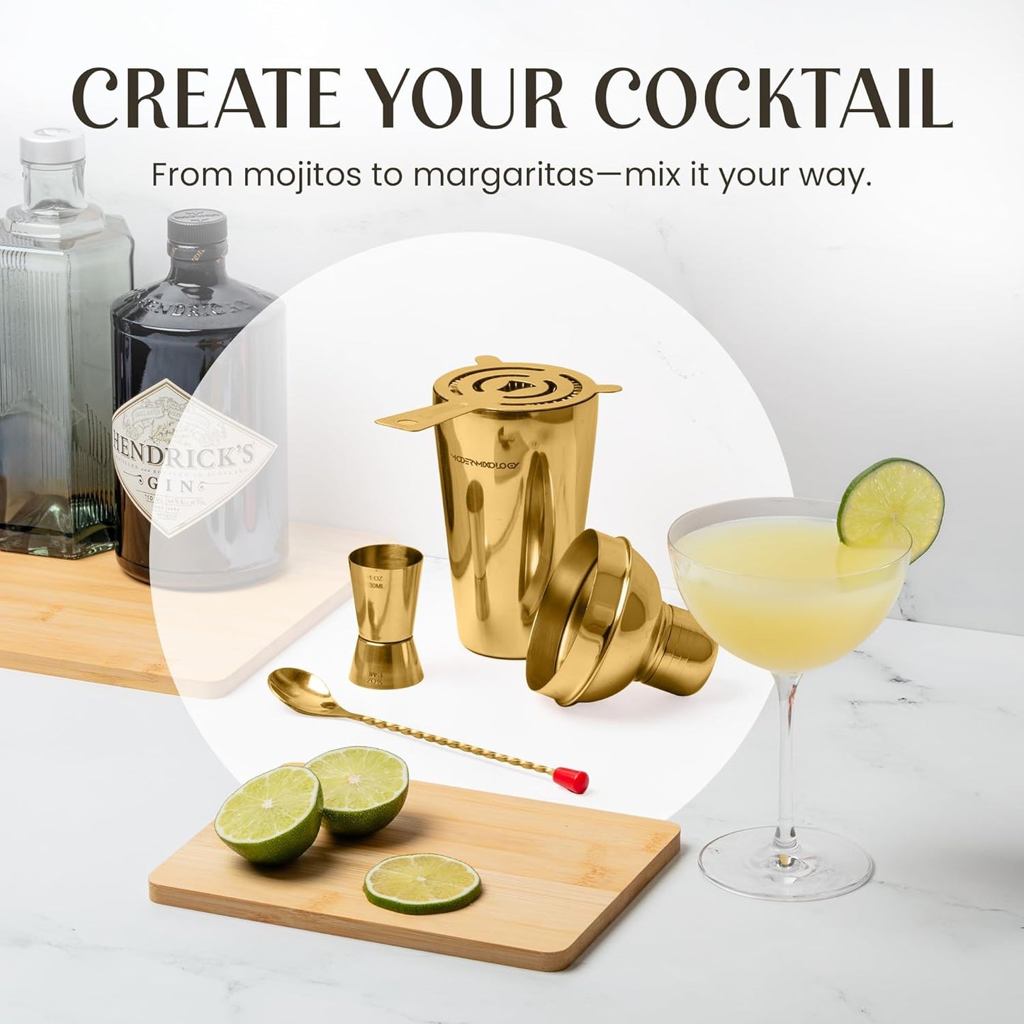 Modern Mixology Cocktail Shaker Set - 8 Piece Bartender Kit with Martini Shaker and Popular Bar Accessories on Quality Pine Stand - Leak Proof Design (Gold)