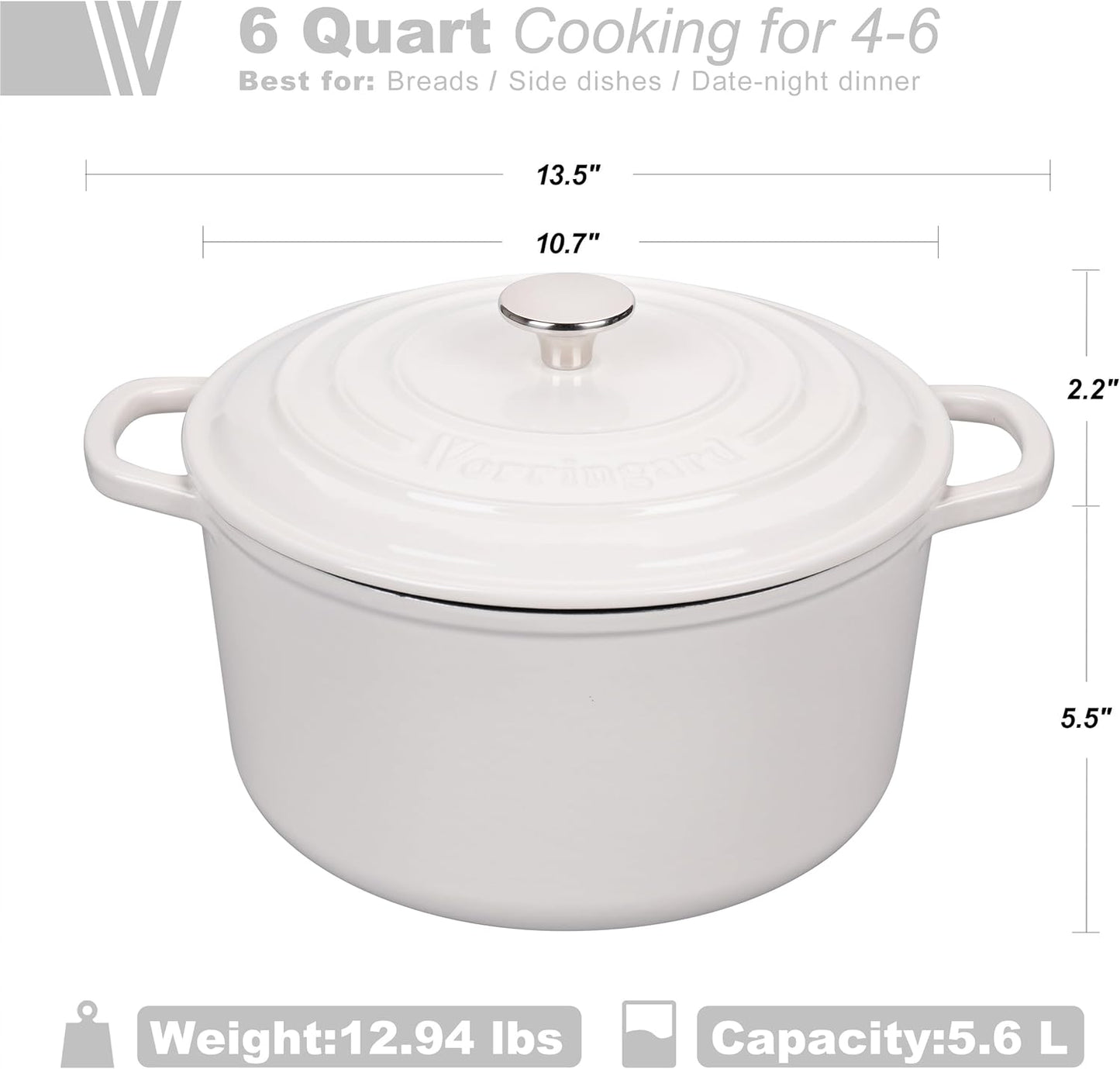 Enameled Cast Iron Dutch Oven Pot with Lid, for Sourdough Bread Baking, Round Dutch Ovens, 6 Quart, White