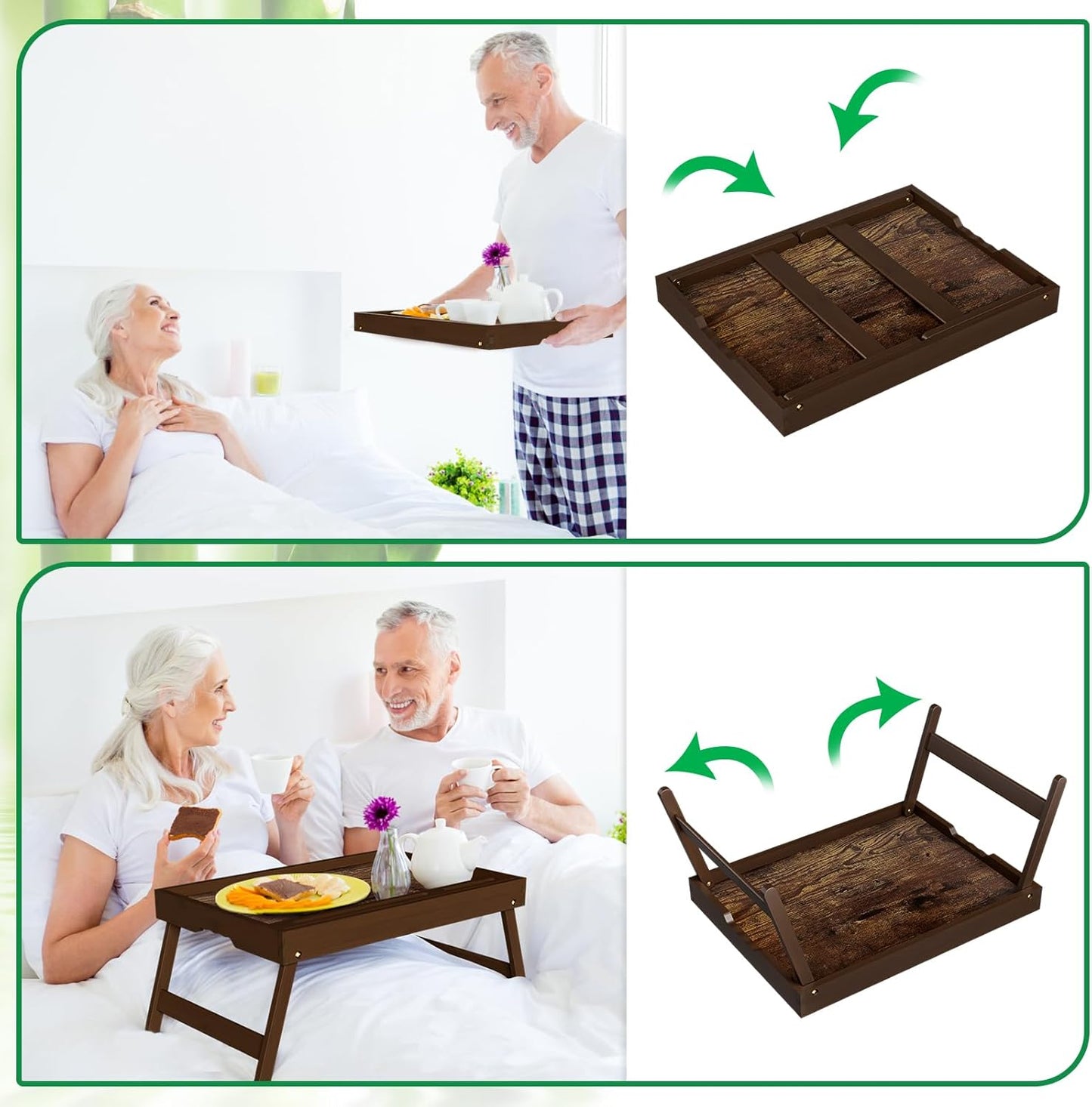 2 Pack Bamboo Breakfast Tray with Foldable Legs & Detachable Stand | Ergonomic Handle | Portable Bed Tray for Eating, Working, Laptop, Tablet, and Phone
