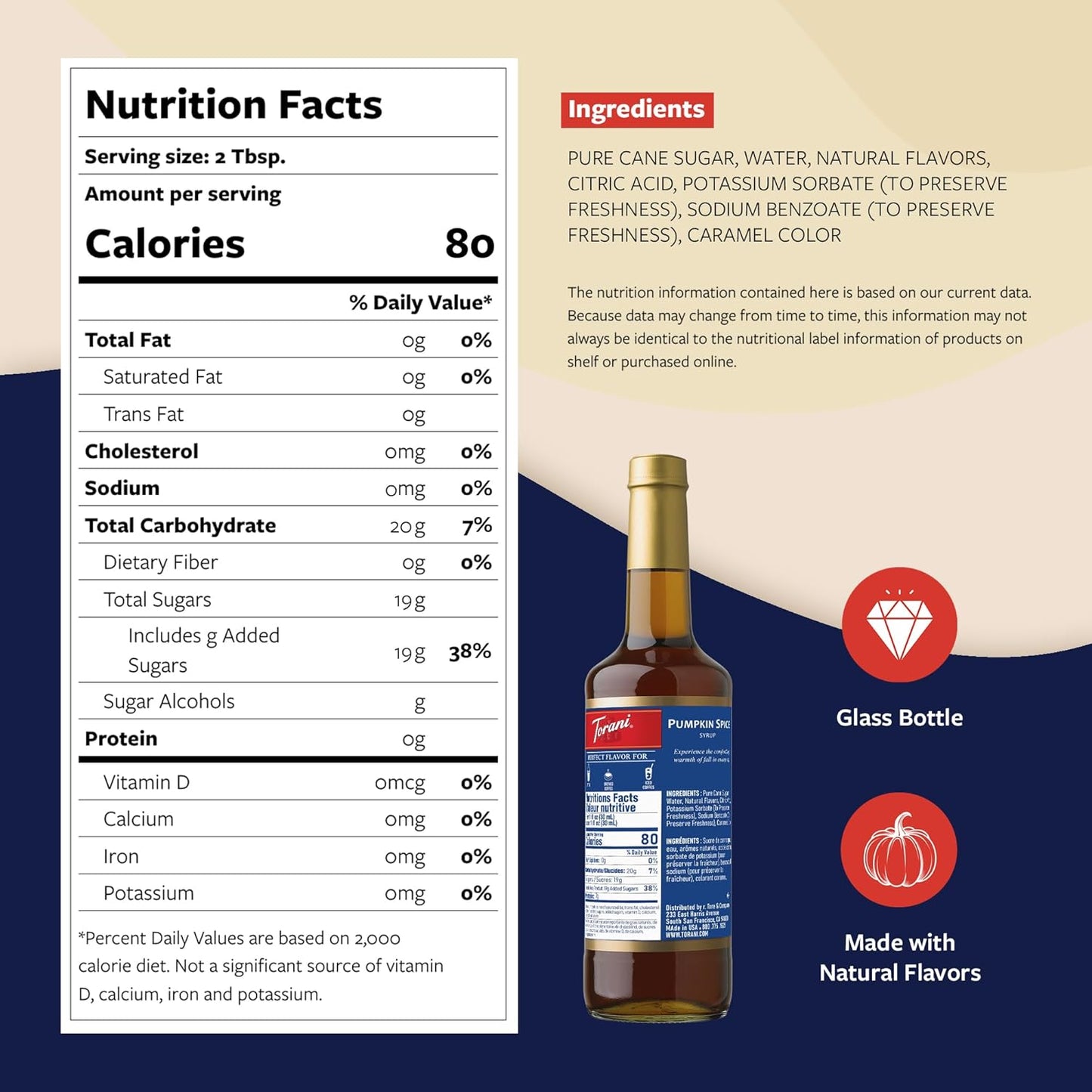 Torani Coffee Syrup, Pumpkin Spice Flavoring for Drinks, Glass Bottle with Pump Included, 25.4 Fl Oz