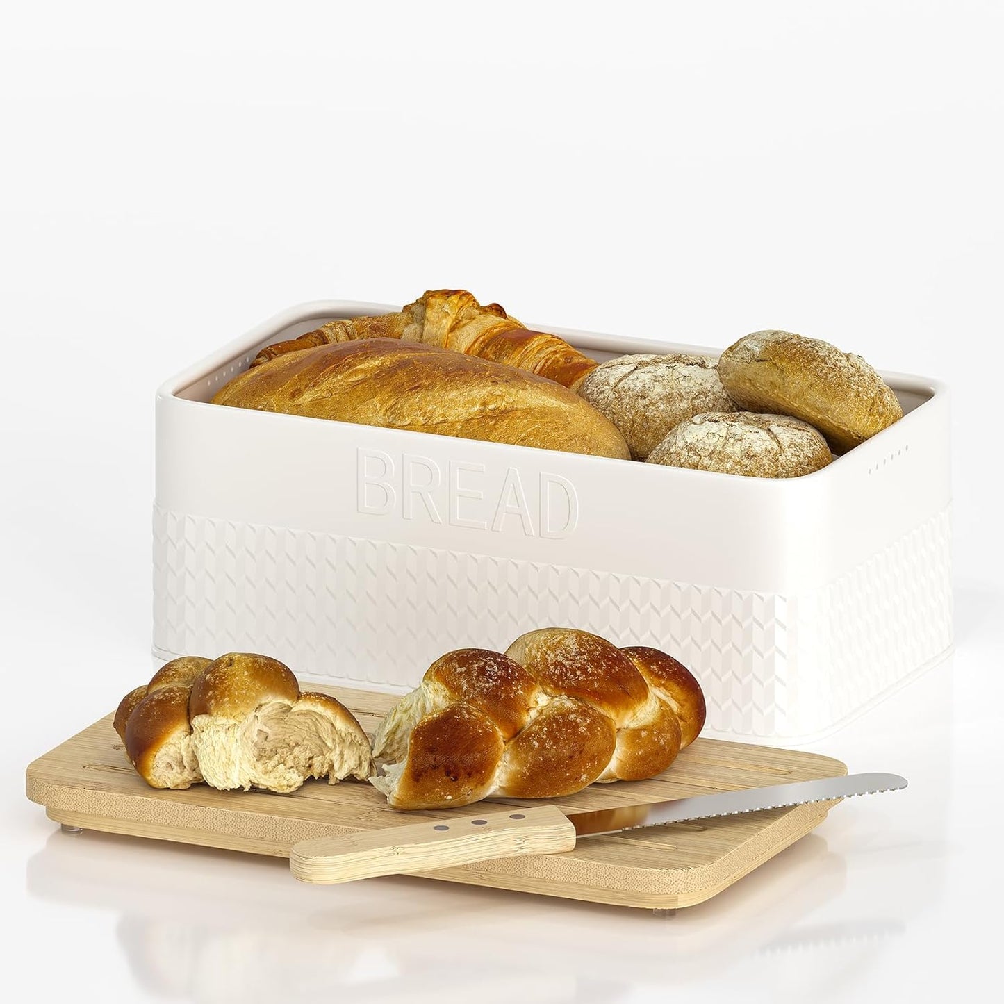 Bread Box for Kitchen Countertop - Metal Bread Storage with Bamboo Cutting Board Lid & Bread Knife, Corner Bread Container for Homemade Bread and Toast, White