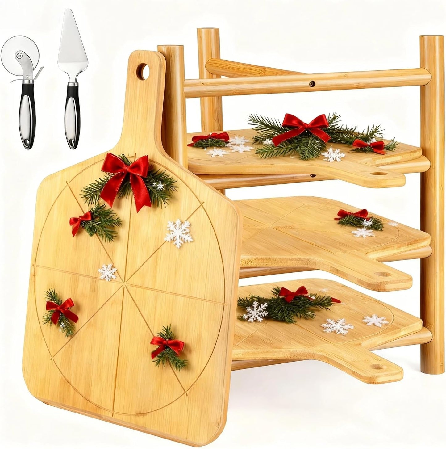 4 pcs Pizza Peel with Stand Smooth Pizza Paddle Pizza Cutting Board with 6 Slice Grooves Premium Serving Tray with Stainless Steel Pizza Cutting wheel and Pizza Shovel