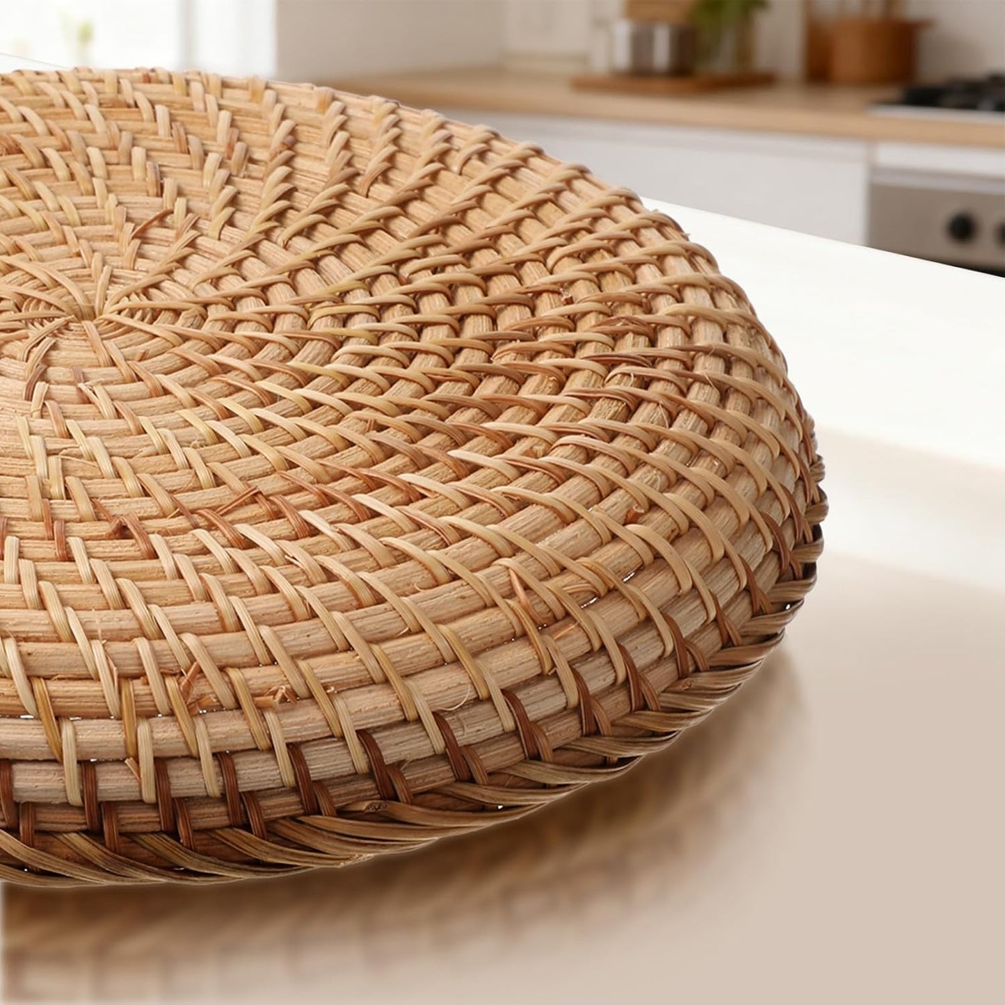 Rattan Bread Baskets Woven Fruit Bowls, 7.5" Round Natural Woven Wicker Basket Picnic Snack Vegetable Bowls Wicker Trays Candy Bowl for Office Kitchen Keys Entryway Organization Handwoven Decor