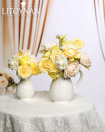Artificial Flower Combo Flowers Exquisite Yellow Flower Box Set for DIY Bouquets Centerpieces Floral Arrangements, Multi Use Wedding Party Home Decorations Faux Flowers（Yellow & Peach ）