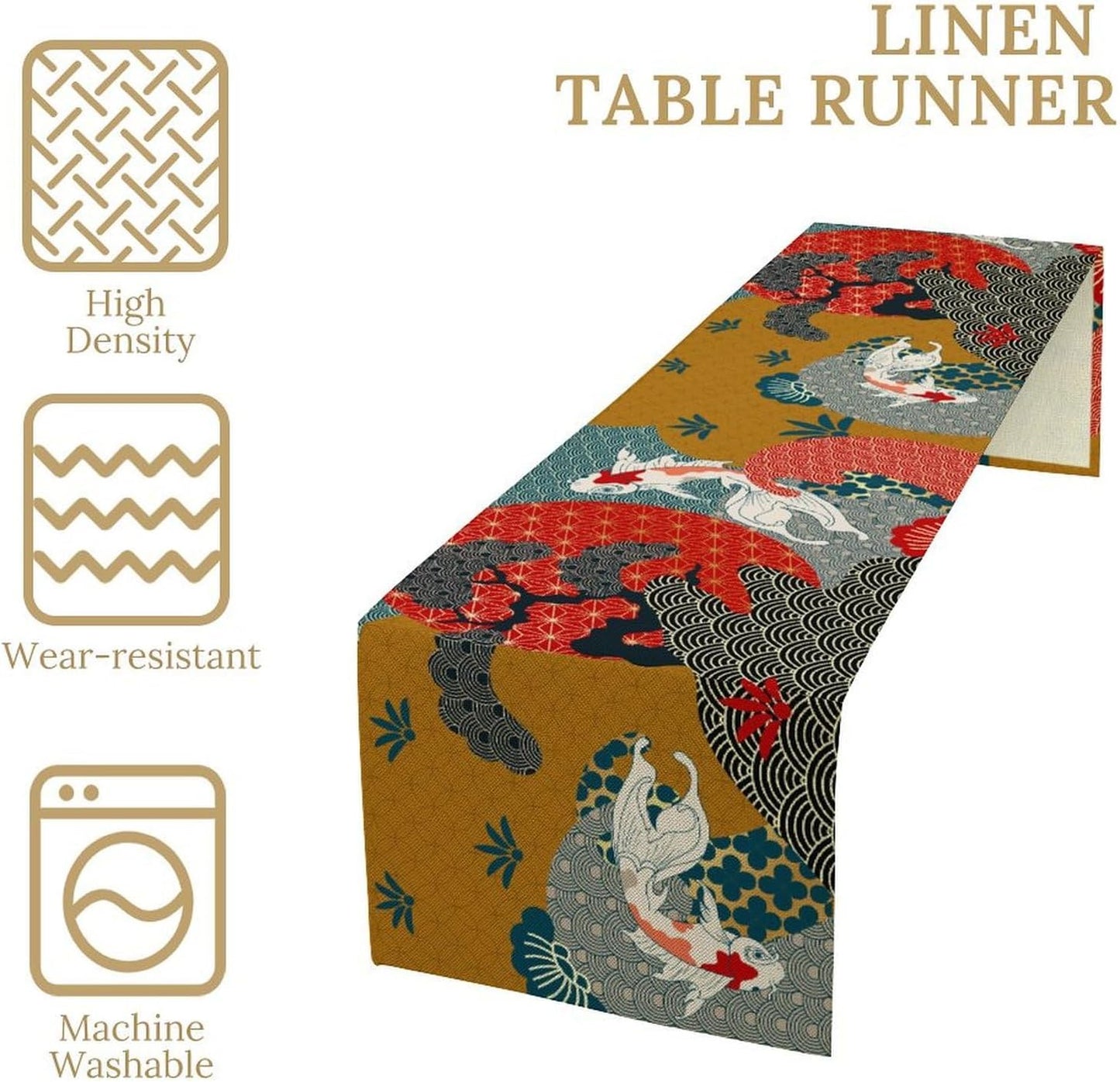 Japanese Koi Table Runner, Luxury Asian Style Oriental Line Art Abstract Geometry Cherry Blossoms Wave Traditional Elements Table Runner for Kitchen Home Party Dinner Set, 13x120 Inch