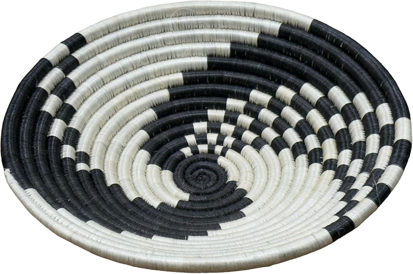 Handwoven African Basket Handmade sisal Fruit Bowl Wall Hanging decorative Baskets for Home Living Room Kitchen Centerpiece Zen Designs Arts and Crafts (Swirl Black Natural, 12in diameter)