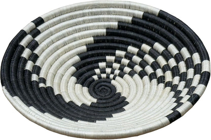 Handwoven African Basket Handmade sisal Fruit Bowl Wall Hanging decorative Baskets for Home Living Room Kitchen Centerpiece Zen Designs Arts and Crafts (Swirl Black Natural, 12in diameter)