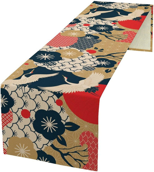 Crane Dinning Table Runner, Line Art Modern Janan Style Oriental Table Runner for Holiday Party Kitchen Study Living Room Home Bedroom Colorful 13x90 Inch