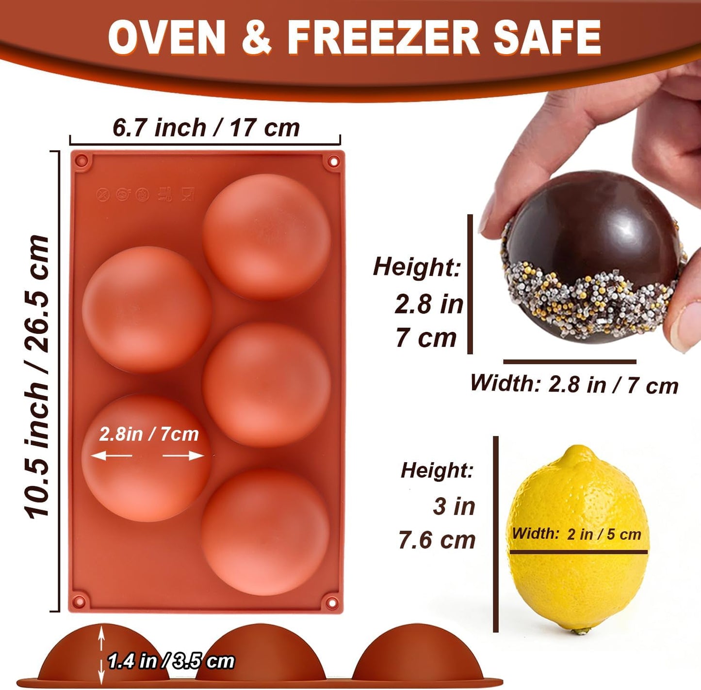 3 Pack Extra Large 5-Cavity Semi Sphere Silicone Molds, Half Sphere Baking Mold Non-Stick for Making Big Size Hot Chocolate Bomb, Jelly, Cake, Dome Mousse
