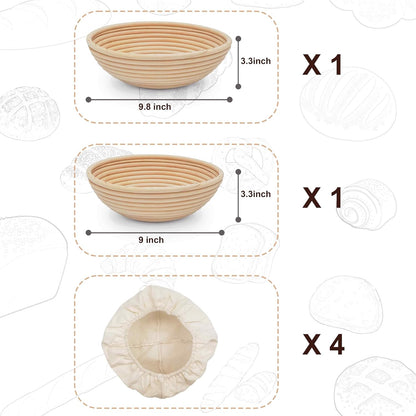 Banneton Bread Proofing Basket,9 Inch Round + 9.8 Inch Round Sourdough Proofing Baskets with Liner,Dough Proofing Bowls,Made of Natural rattan,for Sourdough Bread Baking Supplies