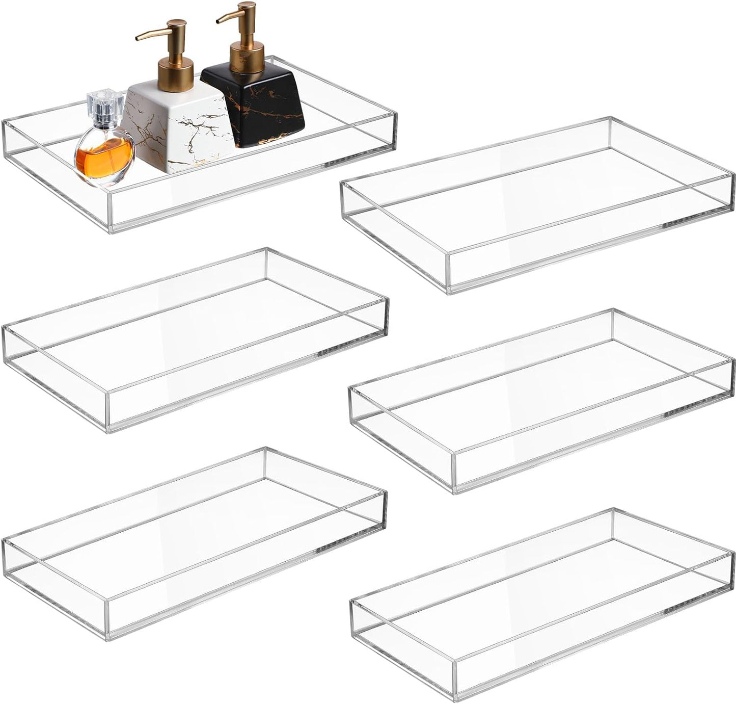 Maitys 6 Pcs Acrylic Vanity Tray Bathroom Tray for Serving Vanity Makeup Organizer Clear Hand Towel Kitchen Countertop Makeup Perfume Cosmetics Organizer Valentine Gift (9.65 x 5.9 Inch)