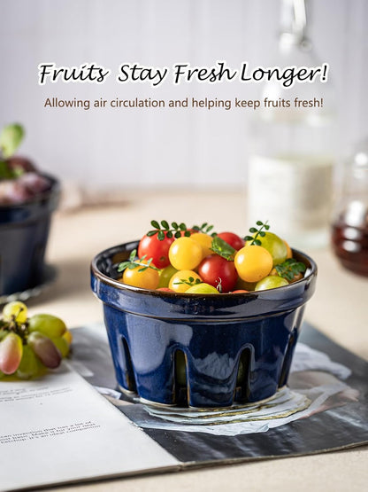 Gomakren Fruit Bowl with Holes, Ceramic Berry Basket Set of 2, 5.8 Inch Round Fruit Storage Containers, Strawberry Baskets, Farmhouse Kitchen Decor - Cobalt Blue