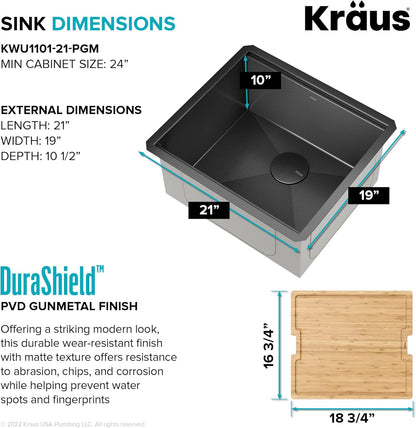 KRAUS Kore 21 Inch Undermount Workstation 16 Gauge Stainless Steel Single Bowl Kitchen Sink n PVD Gunmetal Finish with Accessories, KWU1101-21-PGM