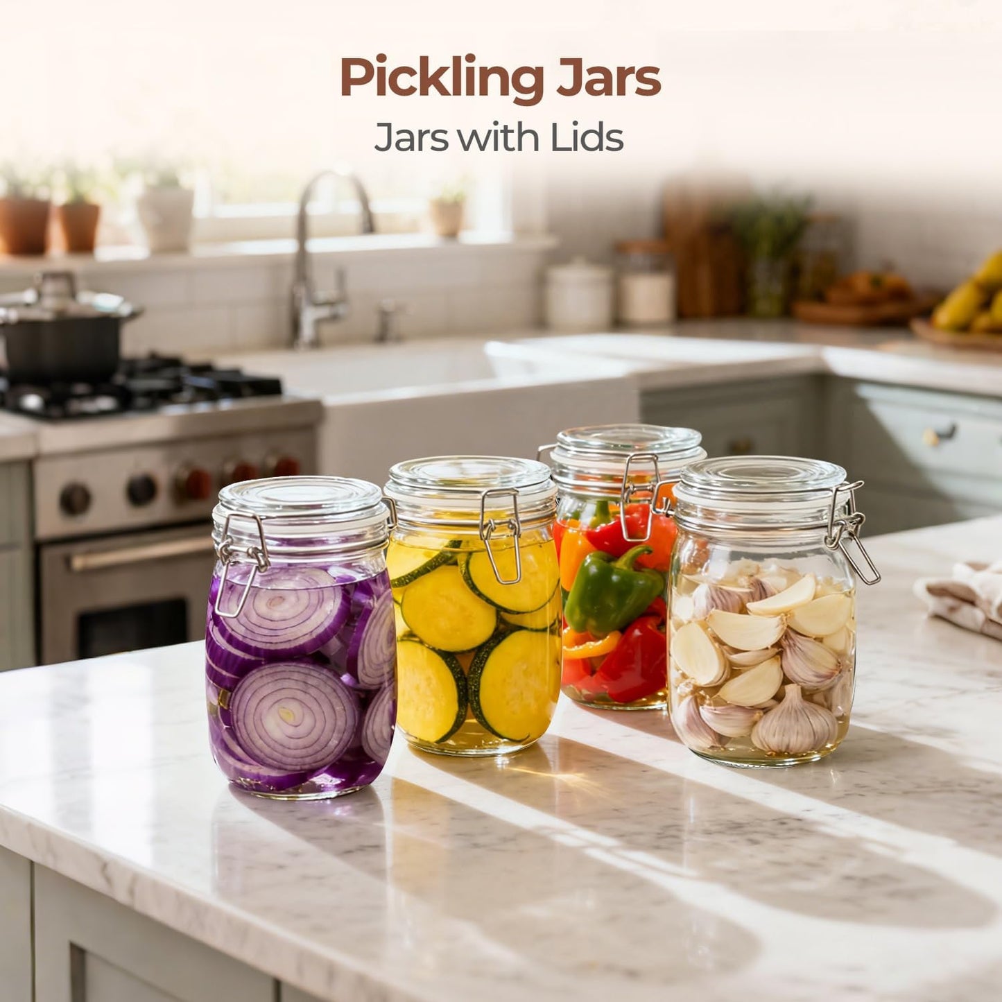 ComSaf Airtight Glass Canister Set of 3 with Lids 34oz Food Storage Jar Round - Storage Container with Clear Preserving Seal Wire Clip Fastening for Kitchen Canning Cereal,Pasta,Sugar,Beans,Spice