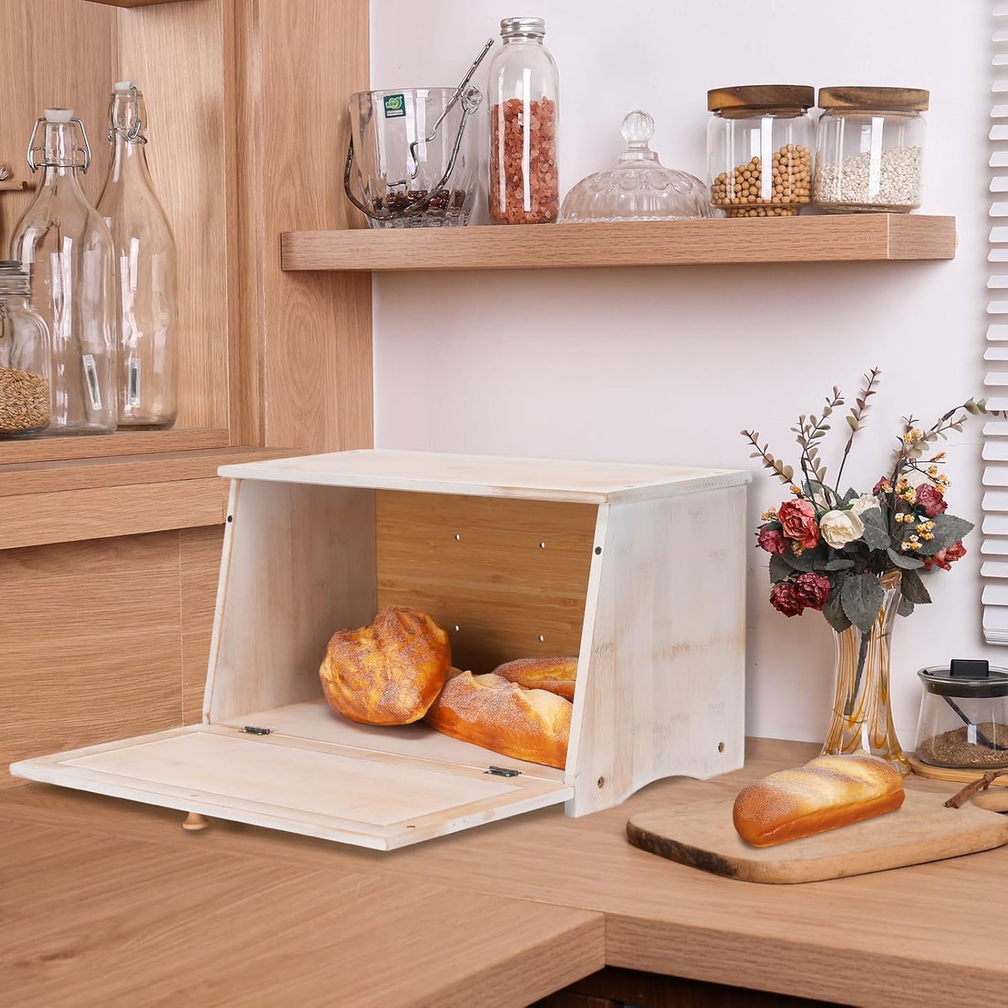 HOMEKOKO Vintage Large Wood Bread Box for Kitchen Counter, Retro Design Single Layer Bamboo Large Capacity Food Storage Bin (White)