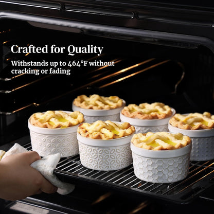 DOWAN Ramekins Oven Safe with Lids 8 oz, Charcuterie Boards Bowls Set for Creme Brulee, Souffle, Dipping Sauces, Custard Cups Ceramic Food Storage Containers, Set of 6, Beige