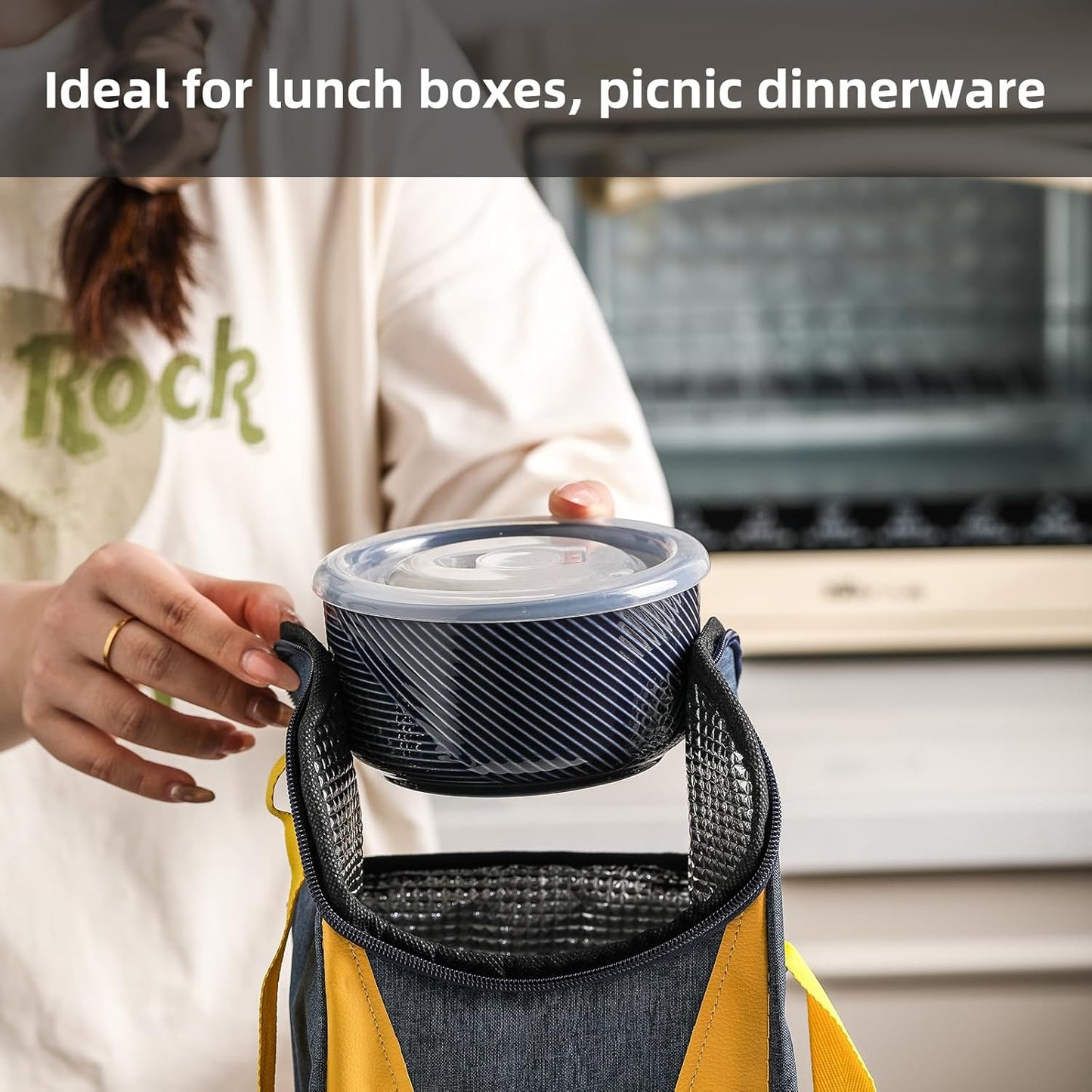 Ceramic Nesting Bowls with Lid: Microwave Safe Food Storage Containers for Work Lunch Picnic Camping Meal Prep Soup Salad Cereal Leftovers - 5 & 6 Inch, 20 & 32 oz, Set of 2, Navy