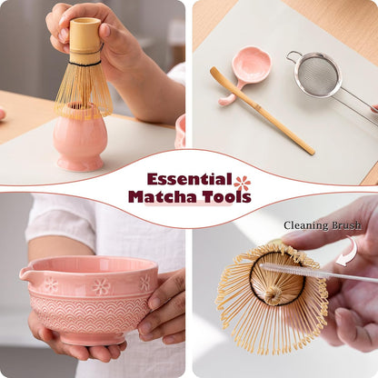 Matcha Tea Set, 8 Pcs Japanese Matcha Kit with Cherry Blossom and Wave Design Ceramic Bowl, Bamboo Whisk, Whisk Holder, Scoop, Sifter, Brush, Matcha Kit Set for Matcha Lovers (Pink)