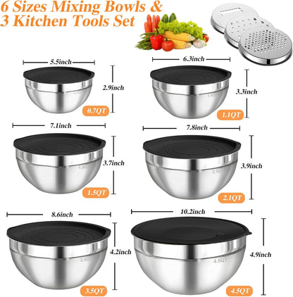 Mixing Bowls with Lids Set, 6 PCS Stainless Steel Mixing Bowls with 3 Grater Attachments, Kitchen Food Storage Organizers Nesting Mixing Bowl, Large Size 4.5, 3.5, 2.1, 1.5, 1.1, 0.7QT-Black