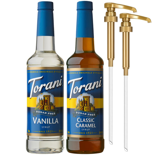 Torani Sugar Free Vanilla Syrup and Sugar Free Classic Caramel Syrup Variety 2-Pack, Coffee Syrups for Drinks, Pumps Included, 25.4 Fl Oz Ea