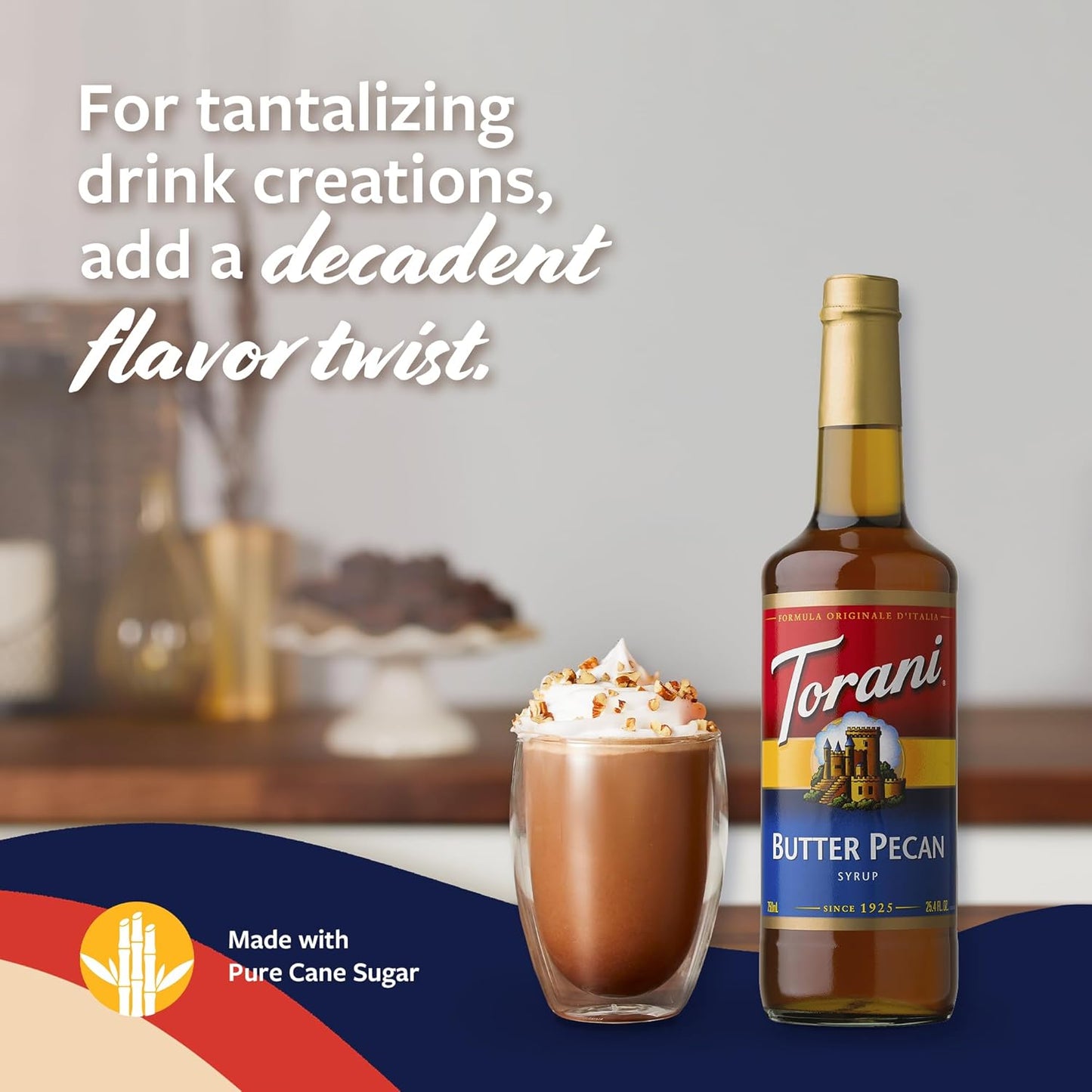 Torani Coffee Syrup, Butter Pecan Flavoring for Drinks, Glass Bottle with Pump Included, 25.4 Fl Oz
