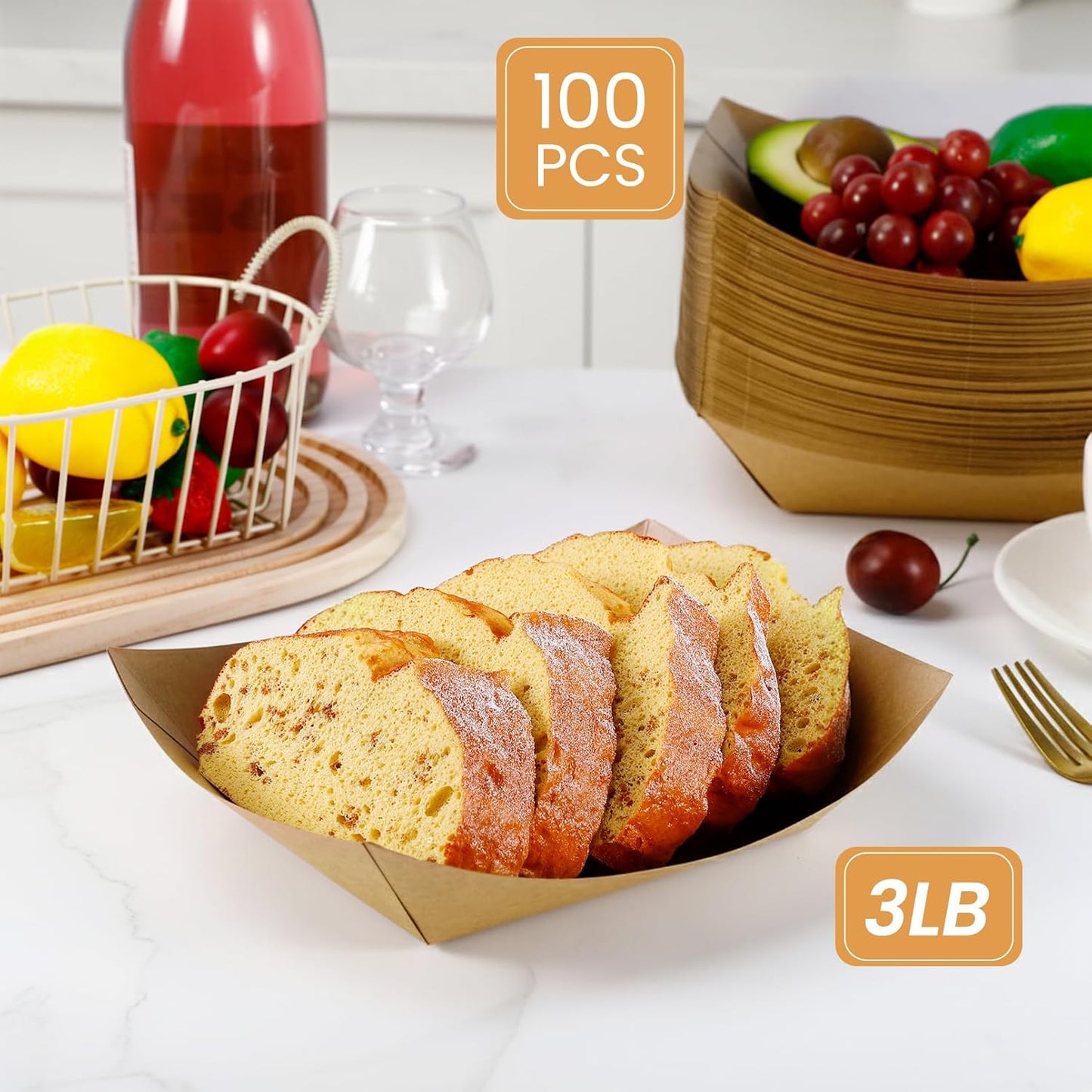 100 Pack 3lb Paper Food Trays, Heavy Duty Disposable Food Boats, Disposable Nacho Trays, Kraft Paper Serving Basket for Party Snacks, Nachos, French Fries, Hot Dogs, Tacos, BBQ, Brown