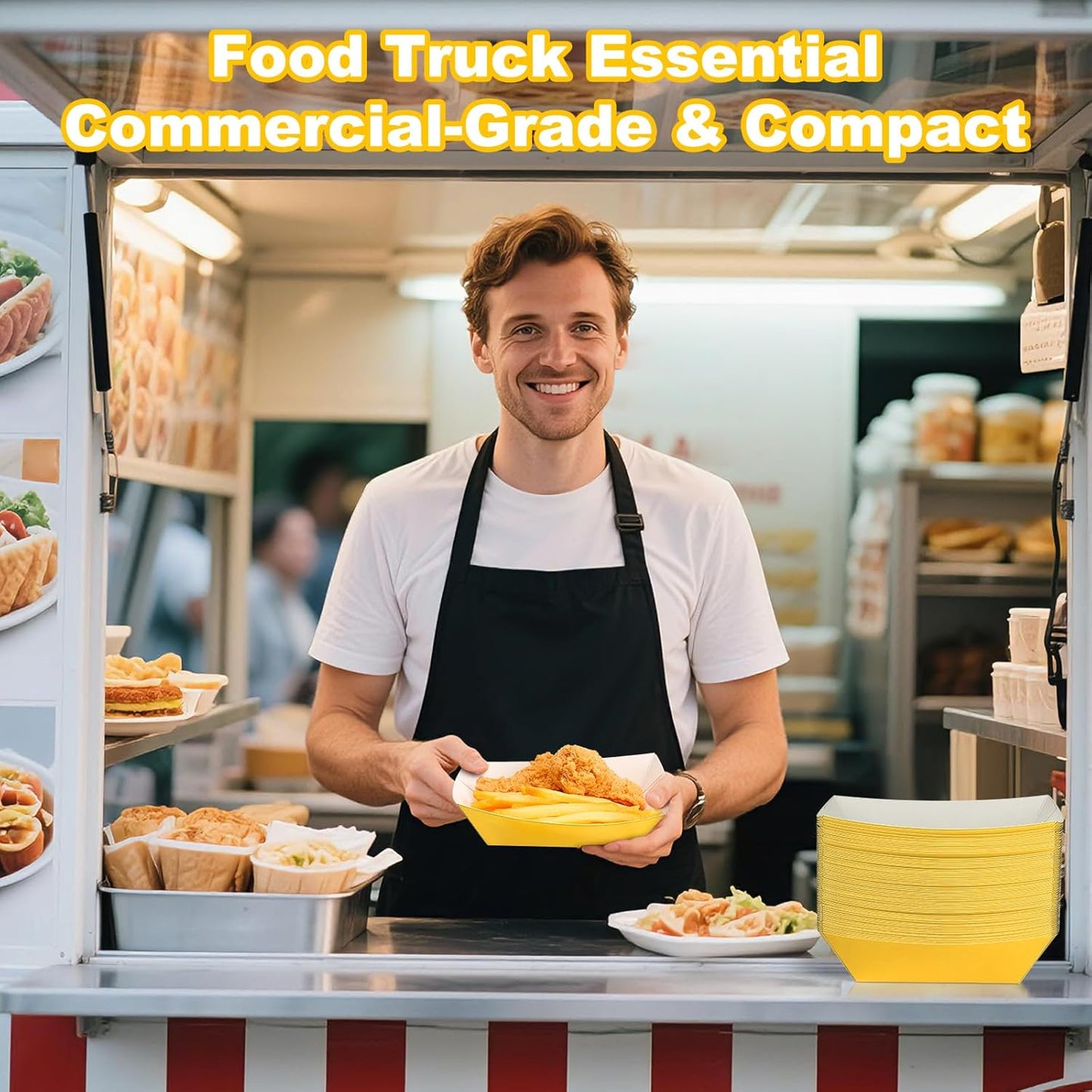 50 Pcs 2lb Paper Food Boat Trays Disposable，Snack Tray，Food Trays for Snack French Hot Dog Taco Popcorn Picnic party Wedding，Concession Stand Supplies (Yellow)