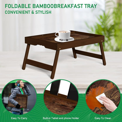2 Pack Bamboo Breakfast Tray with Foldable Legs & Detachable Stand | Ergonomic Handle | Portable Bed Tray for Eating, Working, Laptop, Tablet, and Phone