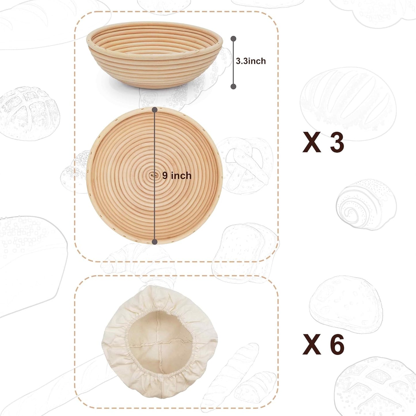 Banneton Bread Proofing Basket set of 3, 9 Inch Round Sourdough Proofing Baskets with Liner,Dough Proofing Bowls,Made of Natural rattan,for Sourdough Bread Baking Supplies