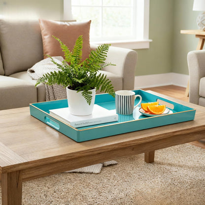 Zosenley Decorative Plastic Serving Tray with Handles, Modern Vanity Organizer for Bathroom, Kitchen, Ottoman and Coffee Table (Blue, Rectangular)