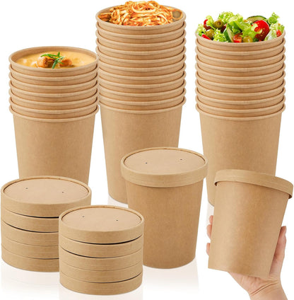 Sabary 50 Pack 16 oz Paper Soup Containers with Lid Disposable Kraft Soup Food Bowl Microwavable Food Storage Ice Cream Containers Nice for Restaurants(Brown)